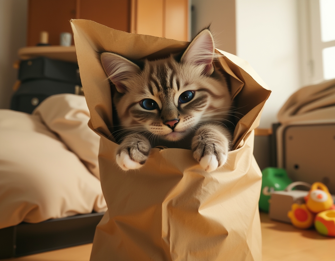 Cat hides partly inside a crumpled paper bag, with its paws playfully batting at the edges. The room features cozy decor with soft lighting and homey furniture.